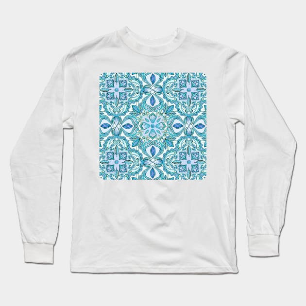 Colored Crayon Floral Pattern in Teal & White Long Sleeve T-Shirt by micklyn